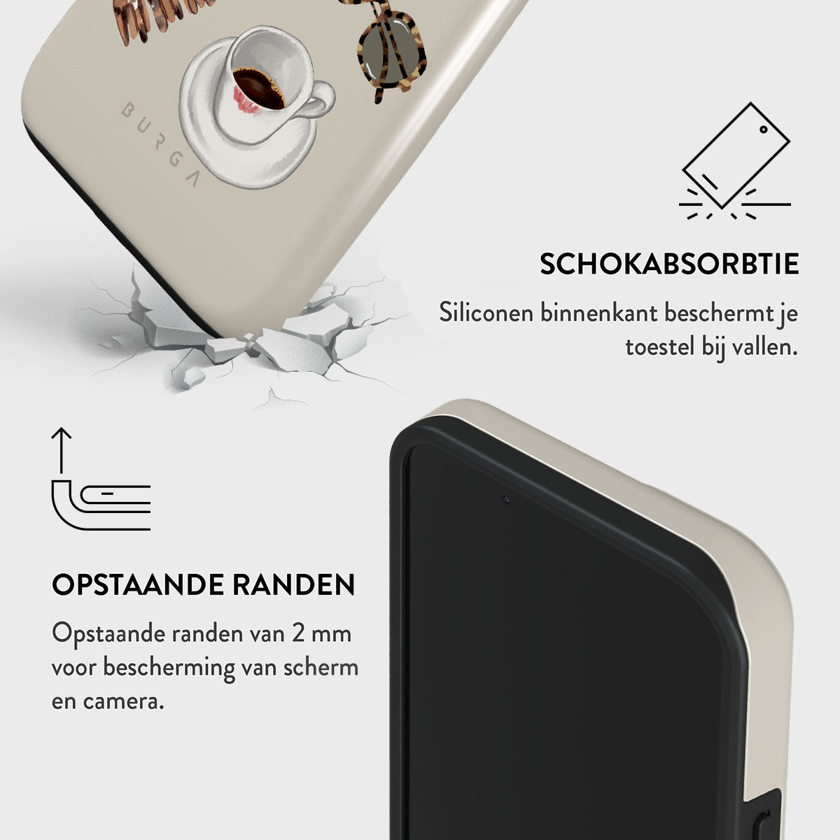 Een telefoonhoesje met koffiekunst wordt getoond, samen met Nederlandse tekst die schokabsorptie en verhoogde randen beschrijft.