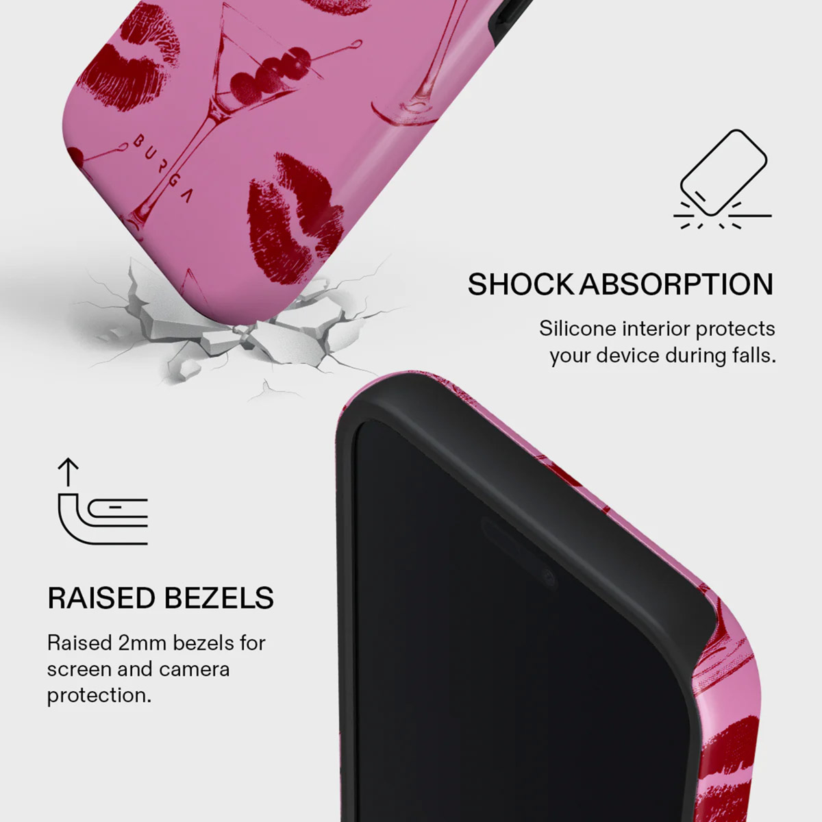 Coque de téléphone rose avec empreintes de lèvres, verres à Martini et texte sur l'absorption des chocs et les bords surélevés pour l'écran.