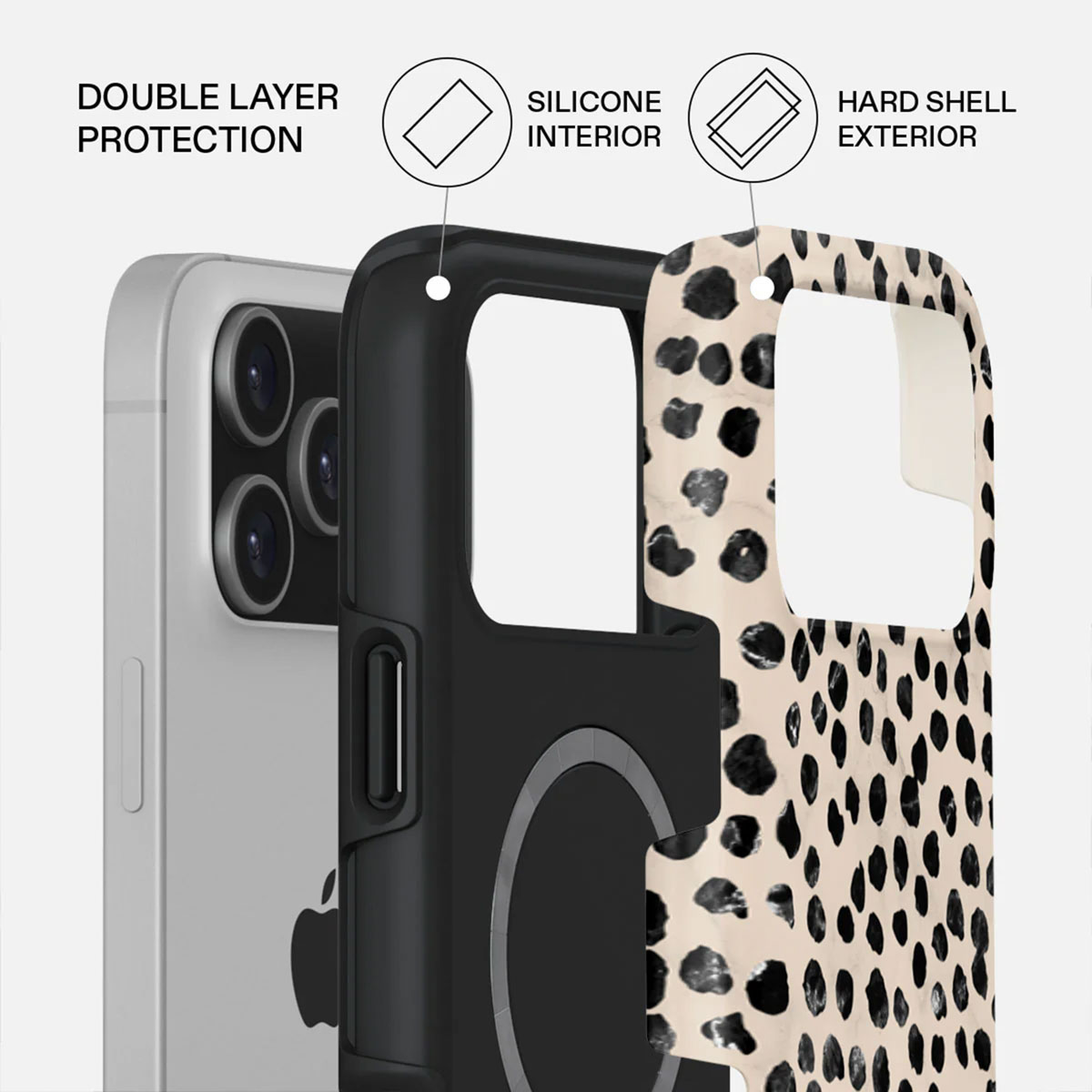 Telefoonhoesje, zwart frame, beige gespikkelde schaal, grijze telefoonachterkant. Labels: dubbele laag bescherming, siliconen interieur, harde schaal buitenkant.