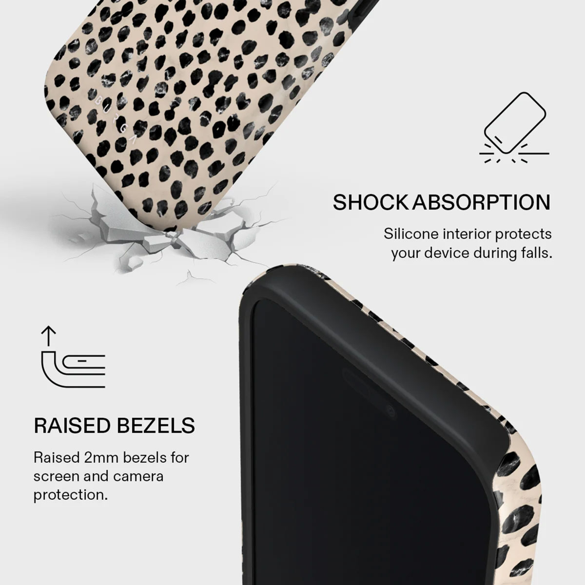 Een telefoonhoesje met een stippenpatroon wordt getoond met tekst die functies beschrijft zoals verhoogde randen en schokabsorptie.