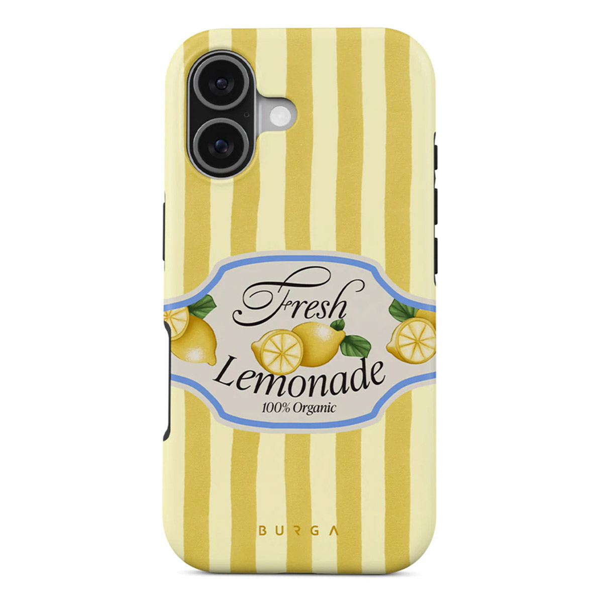 Telefoonhoesje met gele strepen en een label met 'Fresh Lemonade'. Citroenen zijn afgebeeld op het label. Het is biologisch.
