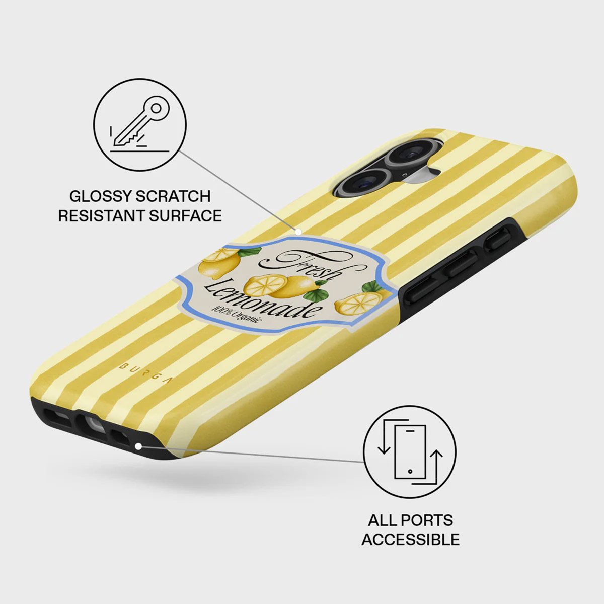 Telefoonhoesje met gele strepen en een limonadelabel. Tekst bevat 'Glanzend krasbestendig oppervlak' en 'Alle poorten toegankelijk'.