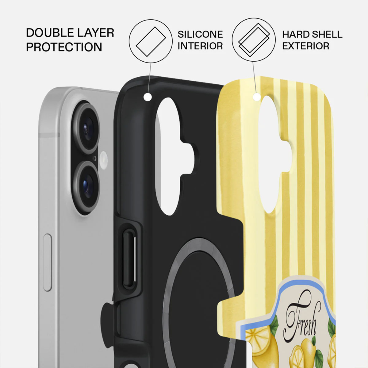 Telefoonhoeslagen: zilveren telefoon, zwart interieur en geel gestreept exterieur. Teksten: Dubbellaagse bescherming, siliconen interieur, harde schaal exterieur.