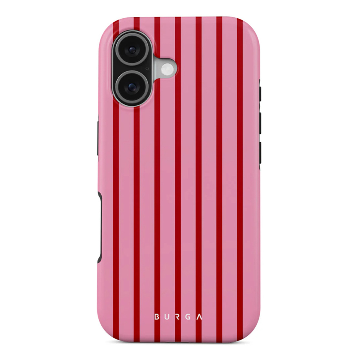 Une coque de téléphone rose avec des rayures rouges verticales. Elle a une section caméra avec deux lentilles et la marque 'BURGA'.