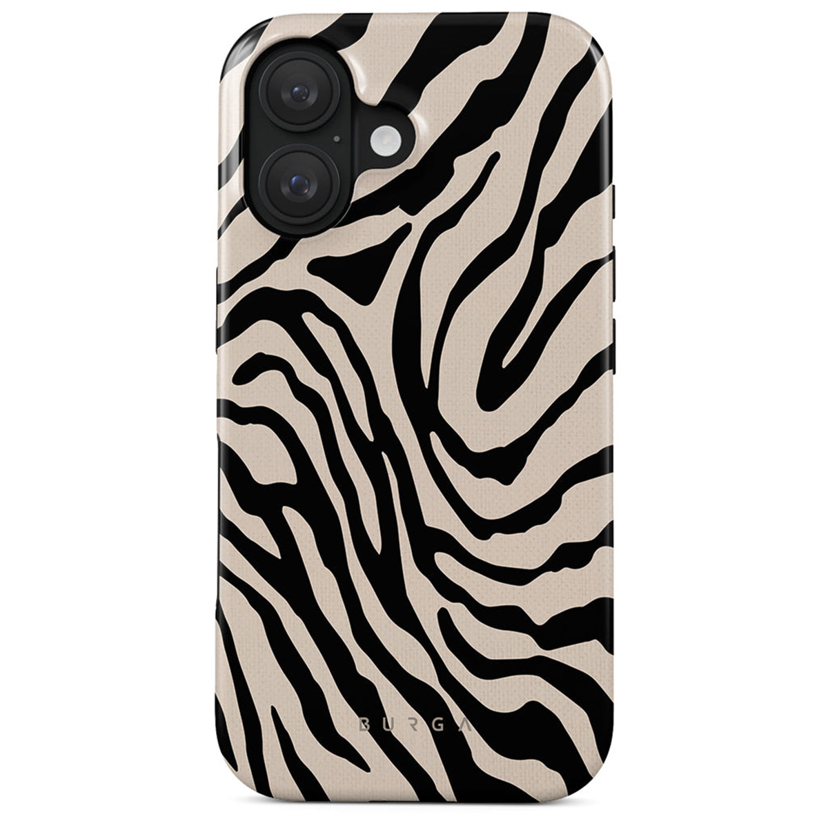 Een telefoonhoesje met een zebraprint ontwerp. De hoes is beige met zwarte strepen. De bovenkant heeft cameralenzen en het merk 'BURGA'.