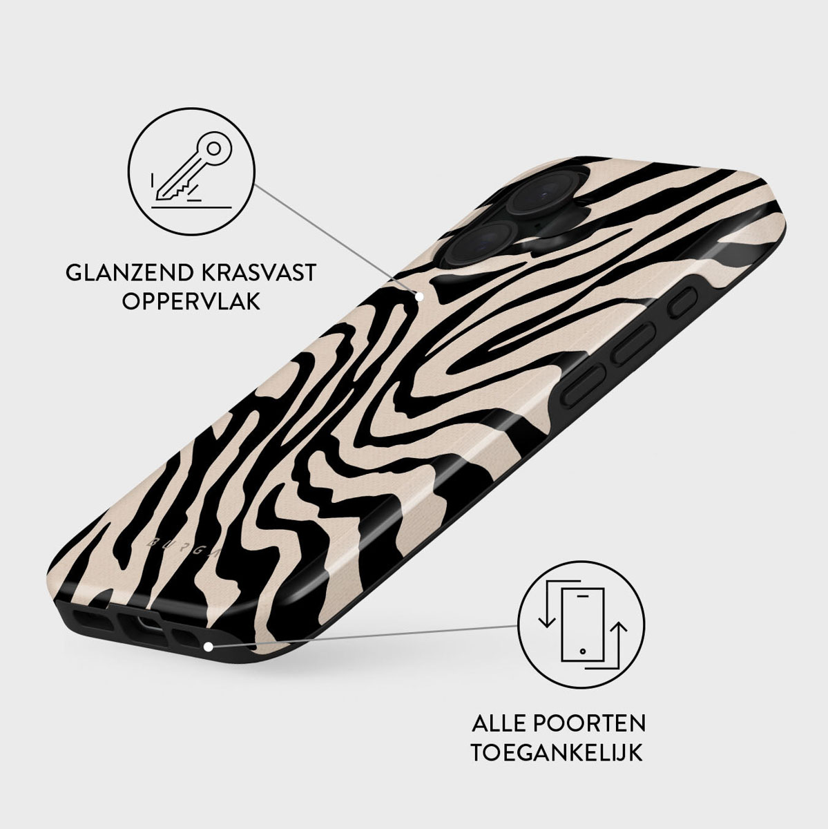 Een telefoonhoesje met zebrapatroon met zwarte en beige strepen. Het heeft een glanzend, krasbestendig oppervlak. De hoes zit op een lichte achtergrond.