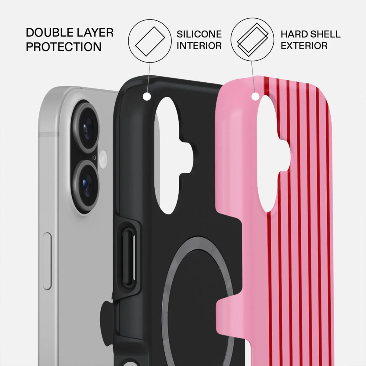 Diagramme d'une coque de téléphone à trois couches : téléphone, intérieur en silicone noir et extérieur rose à coque dure avec rayures rouges.
