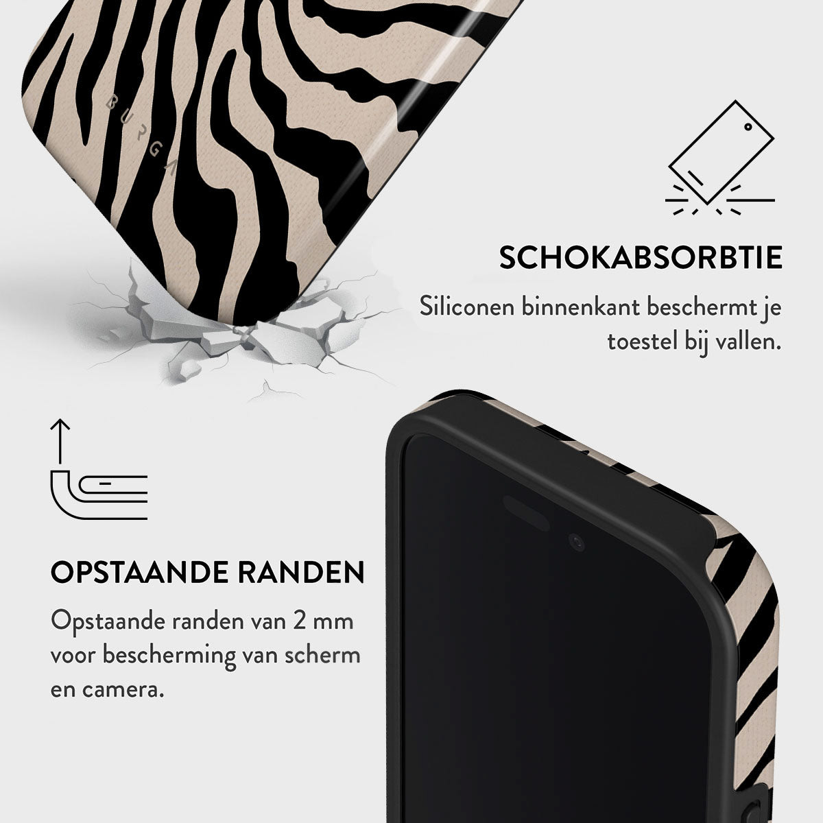 Telefoonhoesje met zebra strepen. Bescherming: schokabsorptie, verhoogde randen voor scherm en camera bescherming.