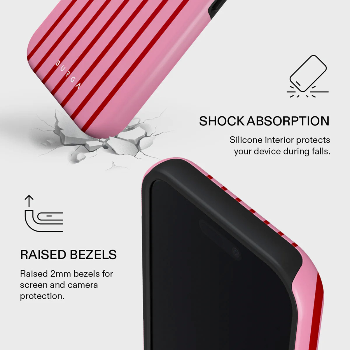 Coque de téléphone rose à rayures rouges et texte 'BURGA'. Caractéristiques: bords surélevés, absorption des chocs. Écran noir du téléphone visible.