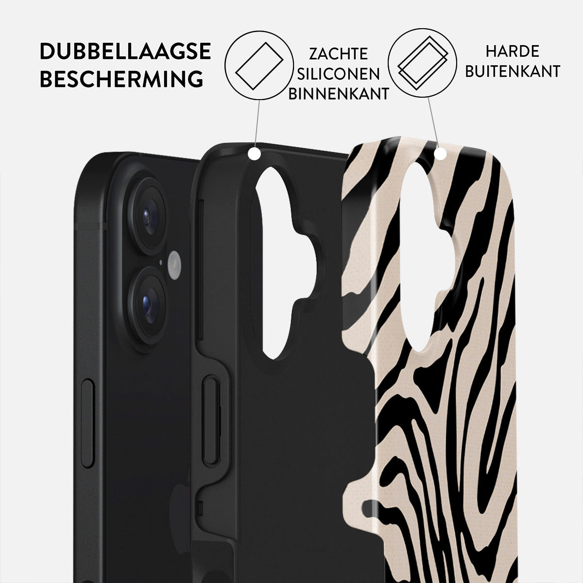 Telefoonhoesje met zebraprint. Het heeft dubbele bescherming: zachte siliconen binnenkant en harde buitenkant. De telefoon is zwart.