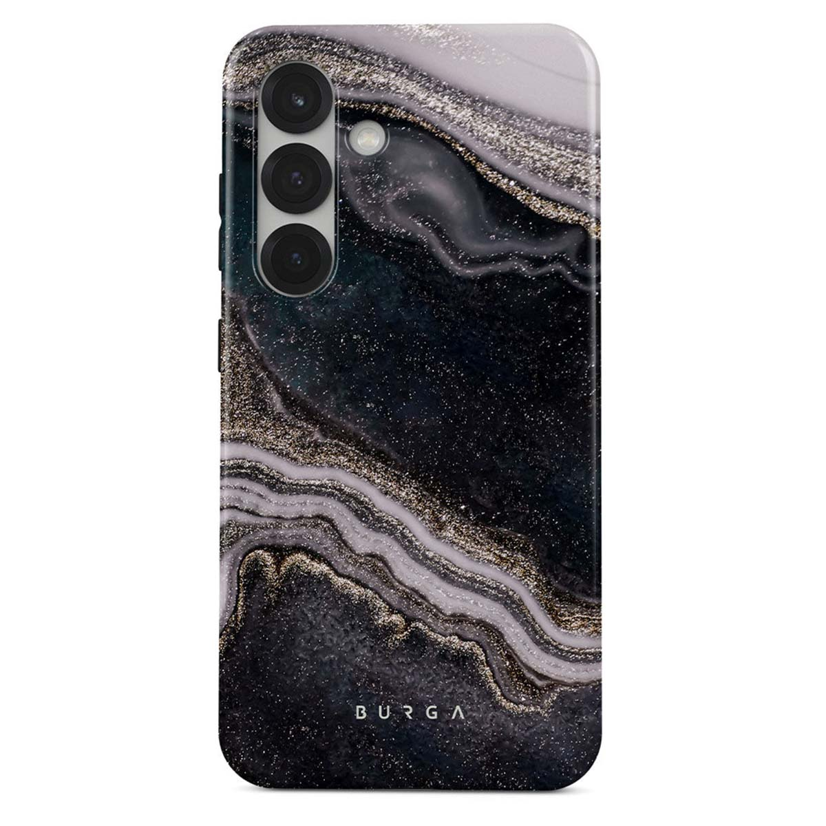 Een telefoonhoesje met een marmerontwerp. Het heeft een donkere achtergrond met witte, gouden en zwarte wervelingen. De merknaam BURGA staat onderaan.