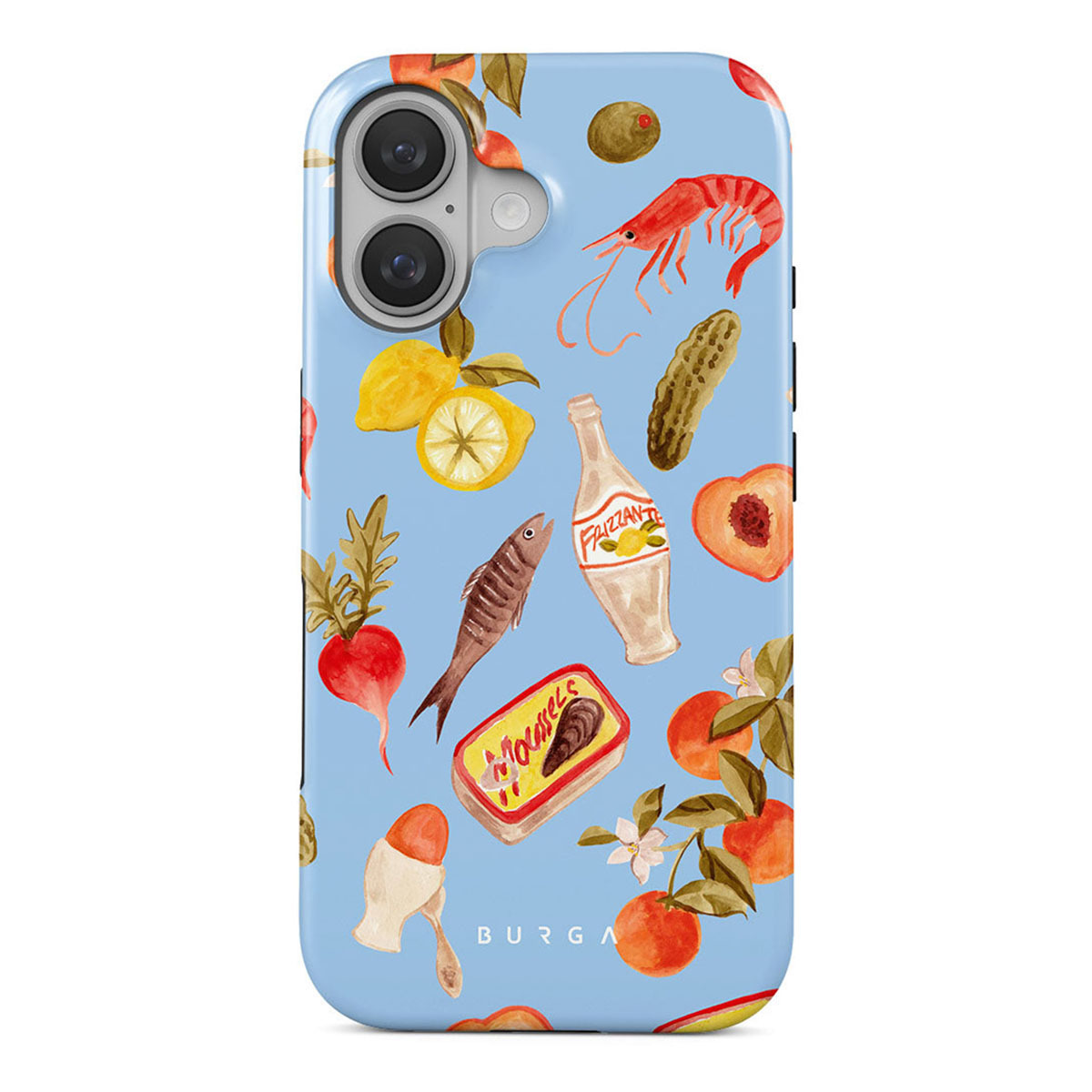Une coque de téléphone avec un fond bleu clair. Elle présente des illustrations à l'aquarelle d'aliments comme des crevettes, des citrons, du poisson et une boîte de moules.