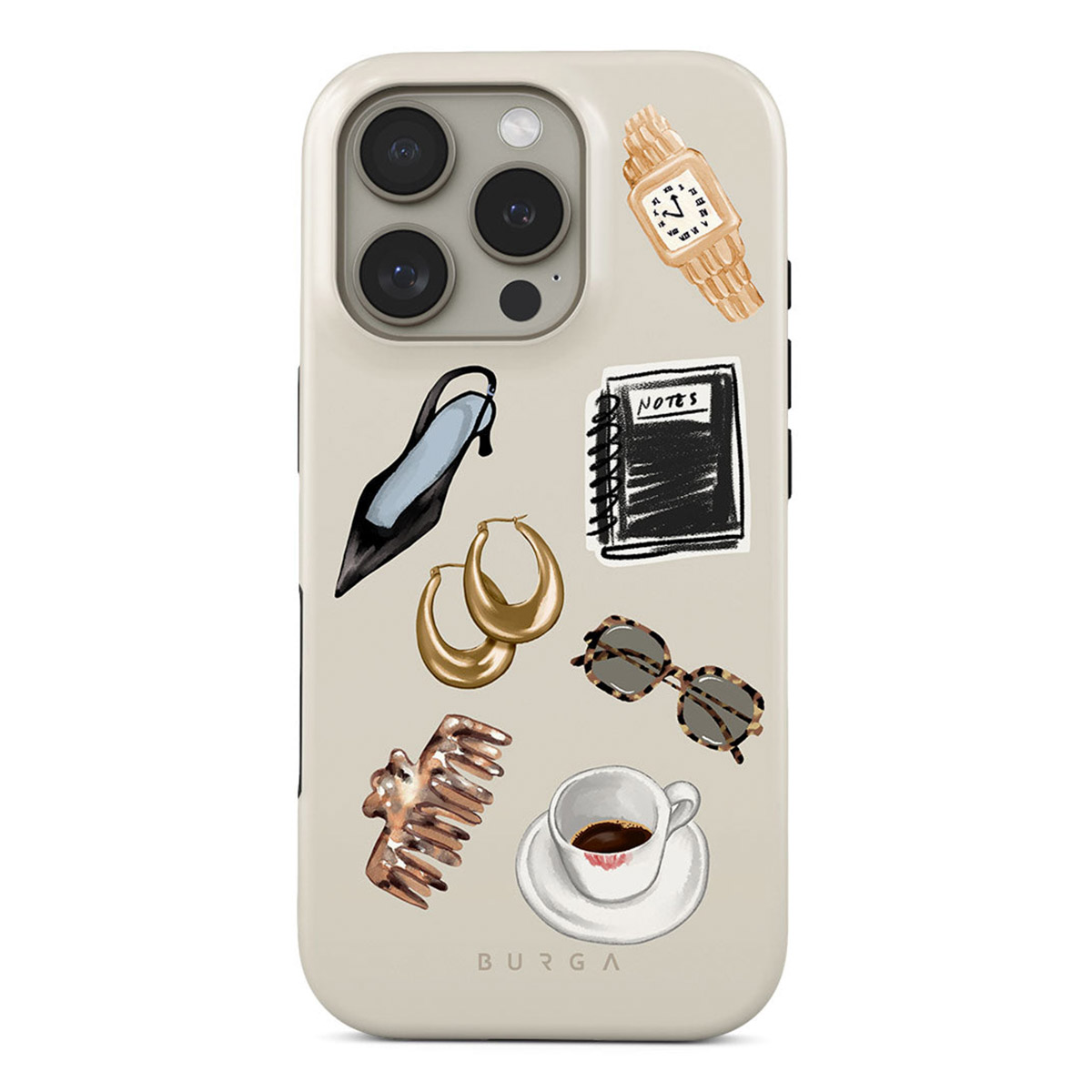 Une coque de téléphone avec divers objets illustrés : une chaussure, des boucles d'oreilles, une montre, un carnet, des lunettes de soleil, un peigne et une tasse à café.