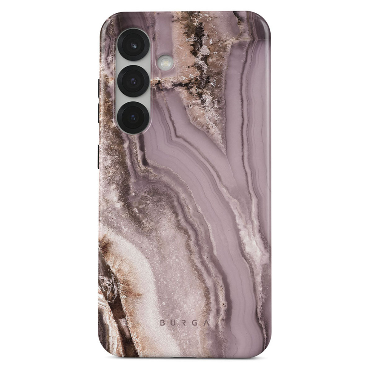 Een telefoonhoesje met een marmerontwerp, met tinten paars, bruin en wit. Het heeft uitsparingen voor de camera en de merknaam 'BURGA'.