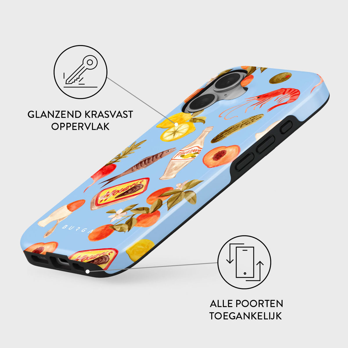 Une coque de téléphone avec un fond bleu clair, décorée d'illustrations d'aliments comme des crevettes, des pêches, des citrons et une bouteille.