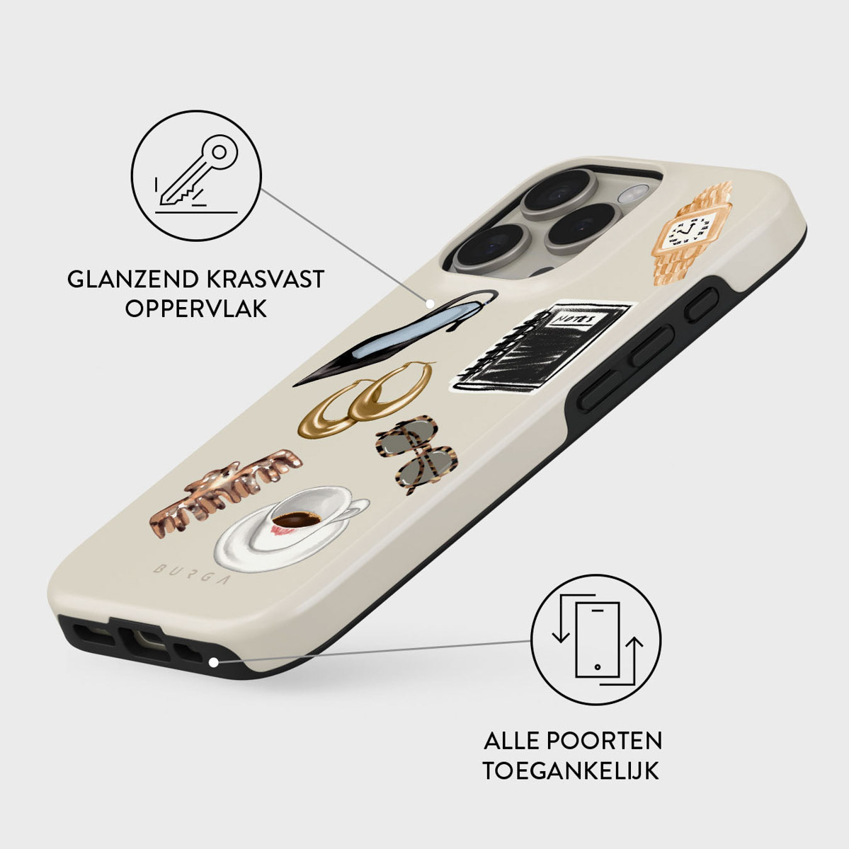 Coque de téléphone beige avec des dessins de bijoux, café, montre et lunettes de soleil. Texte : 'Glanzend krasvast oppervlak' et 'Alle poorten toegankelijk'.