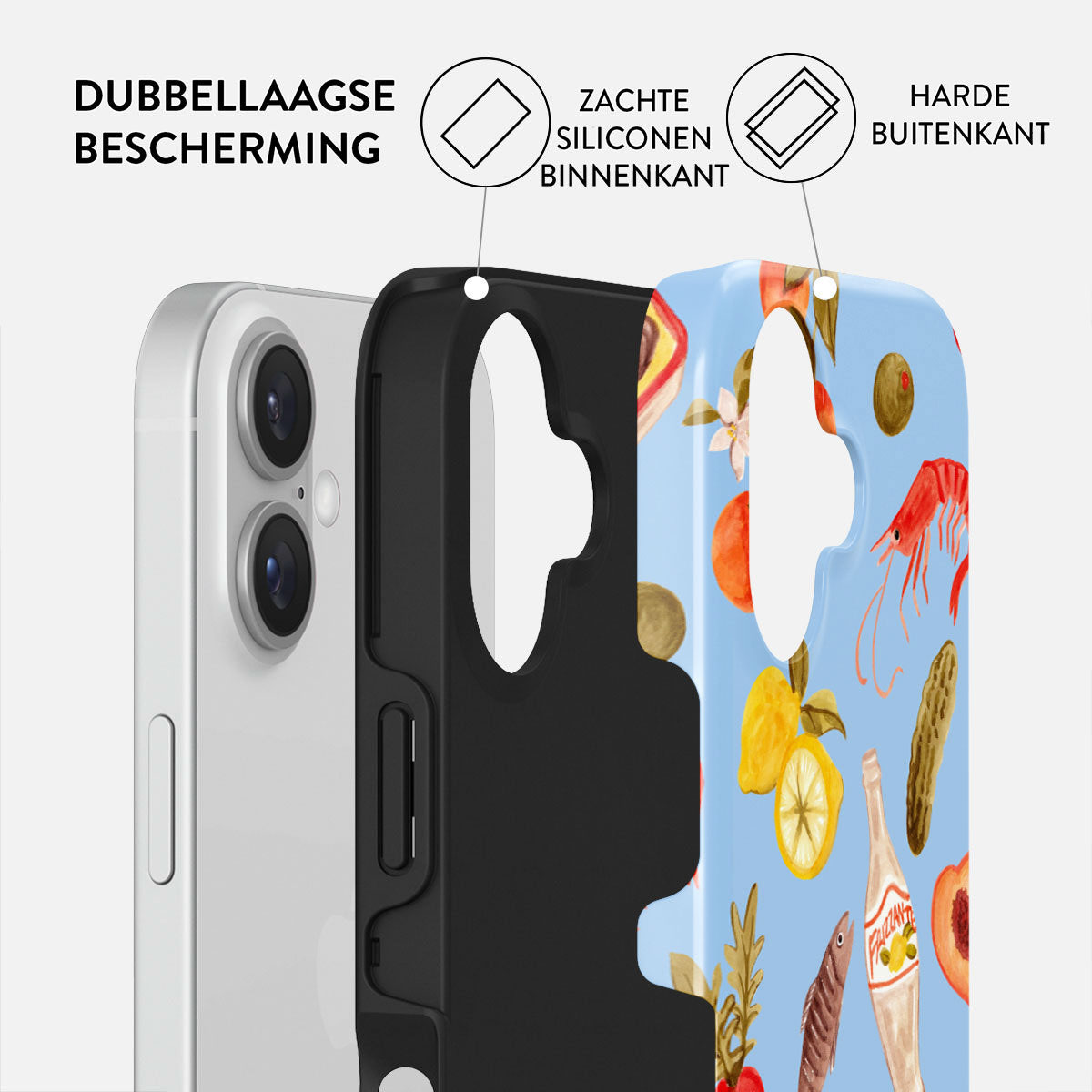 Coque de téléphone montrant les couches : téléphone, coque intérieure noire, coque extérieure bleue avec illustrations alimentaires. Légendes textuelles décrivent les couches.