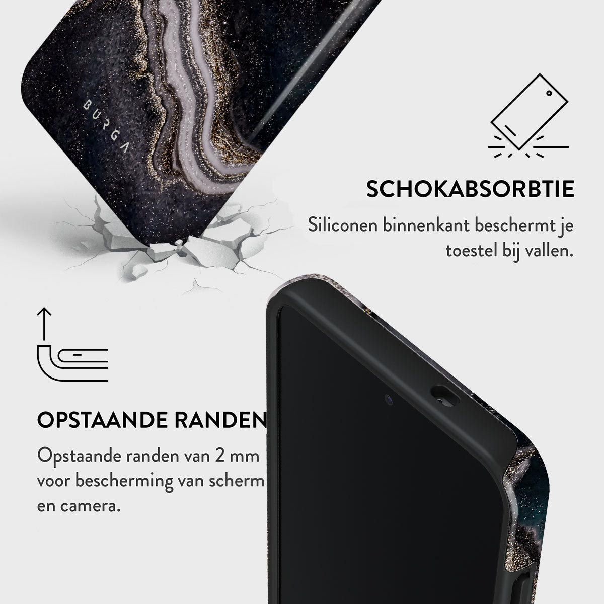 Telefoonhoesje met zwart, goud en wit design. Tekst: Schokabsorbtie, Opstaande Randen. Toont beschermingsfuncties.