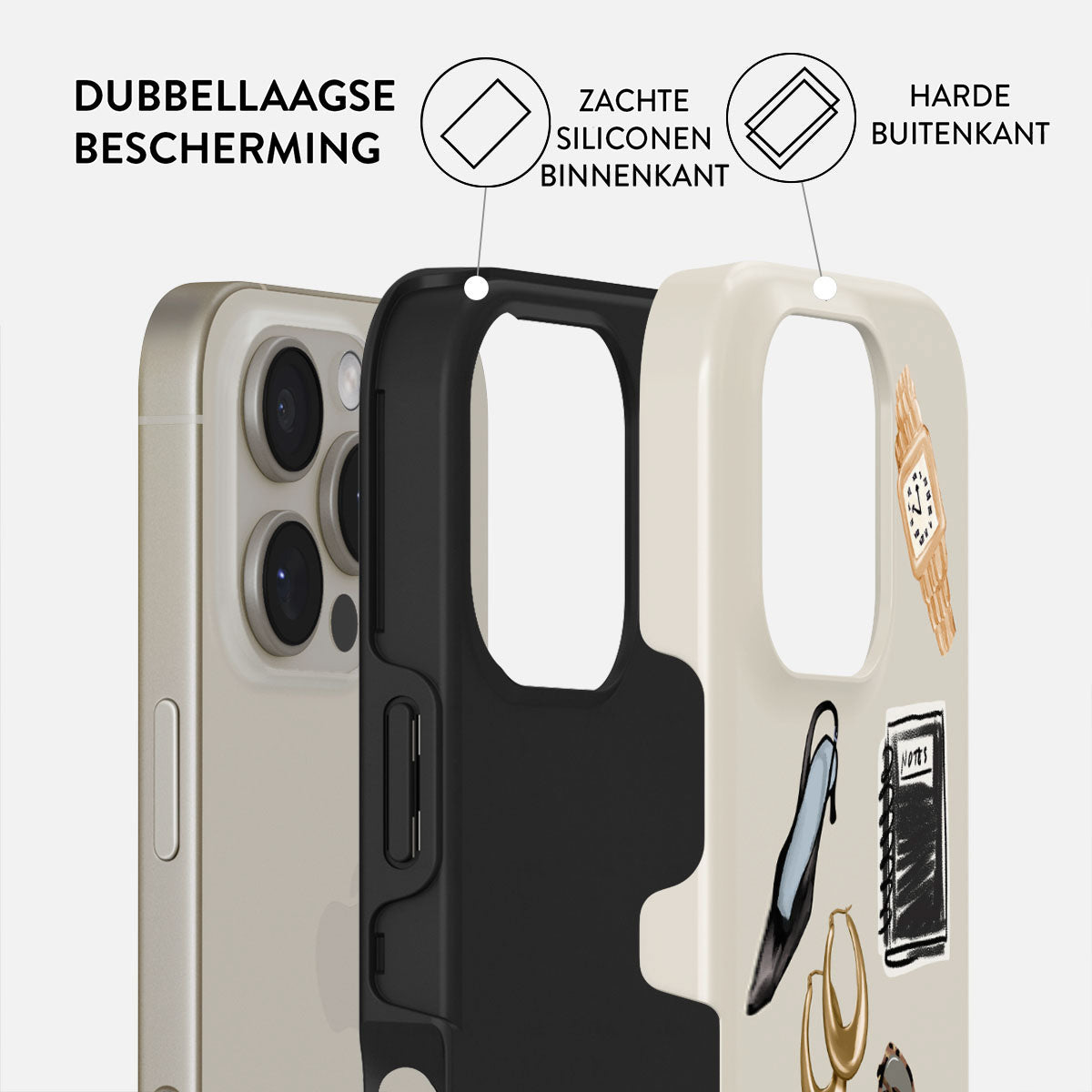 Coque de téléphone avec illustrations d'accessoires. La coque est beige avec un intérieur noir. Le texte indique une protection double couche.