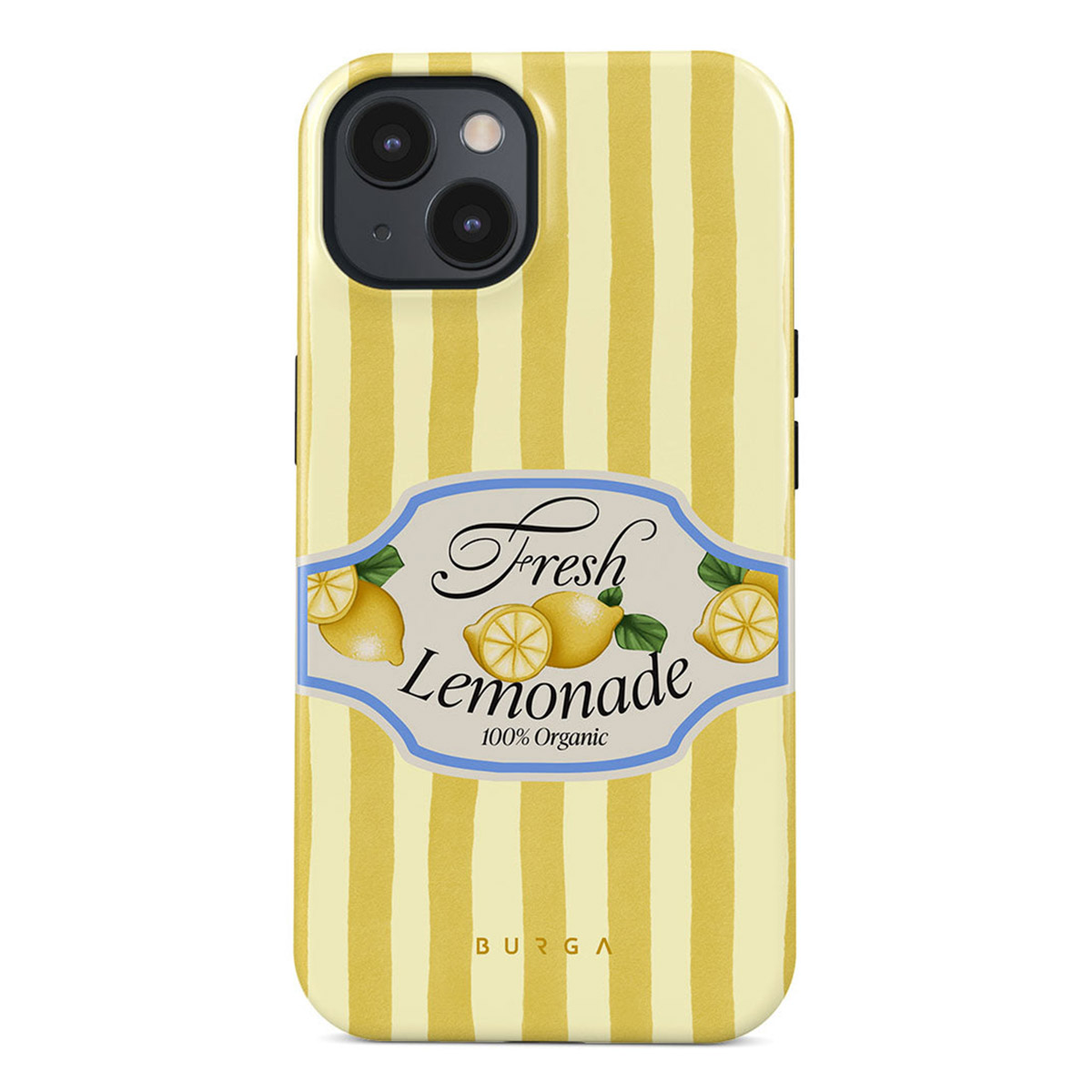 Gele iPhone-hoes met verticale strepen en een label. Het label luidt 'Fresh Lemonade 100% Organic' met citroen illustraties.