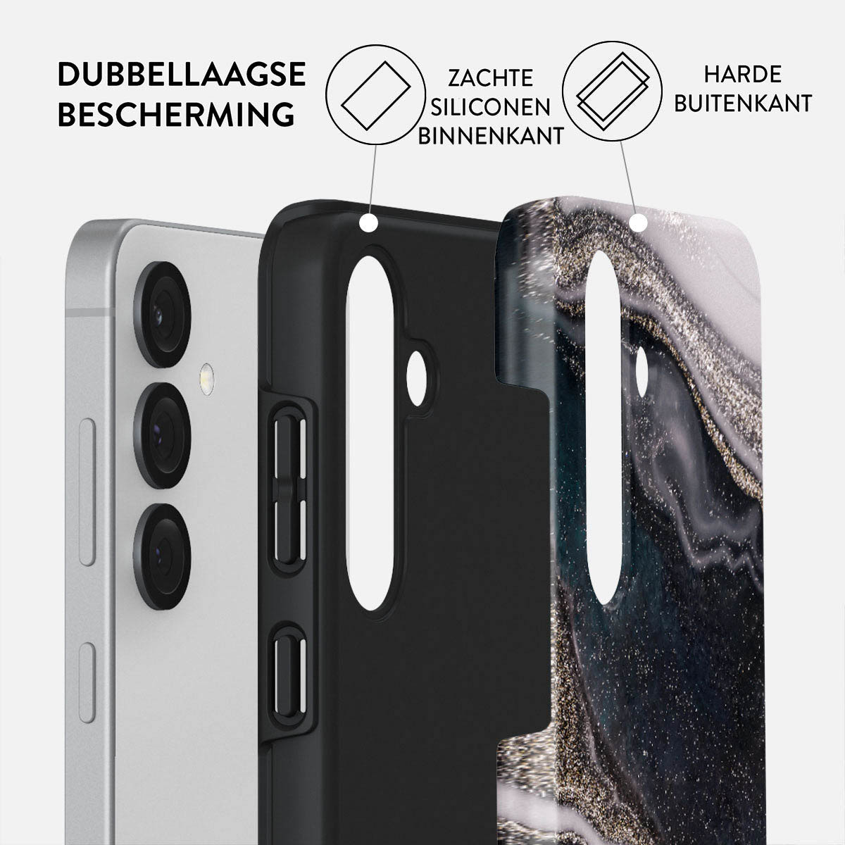 Een telefoonhoesje met drie lagen: een telefoon, een zwarte laag en een marmerontwerp laag. Tekst geeft dubbellaagse bescherming aan.