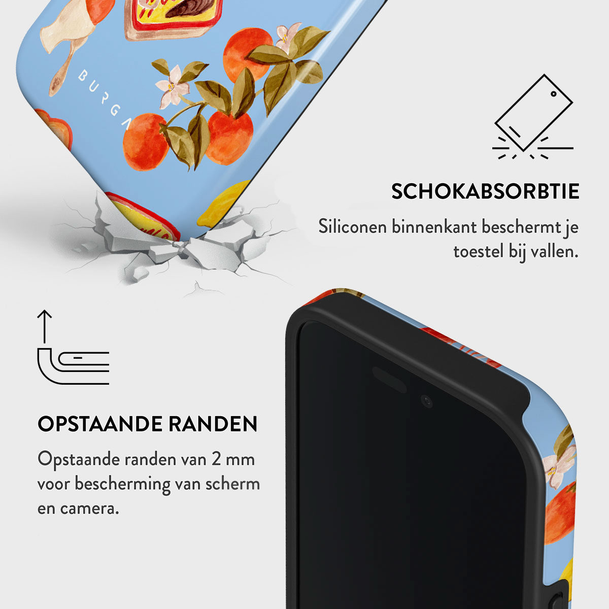 Un étui de téléphone avec un motif de fruits est présenté. Il est bleu, avec des oranges et des fleurs blanches. L'étui est noir et tombe.