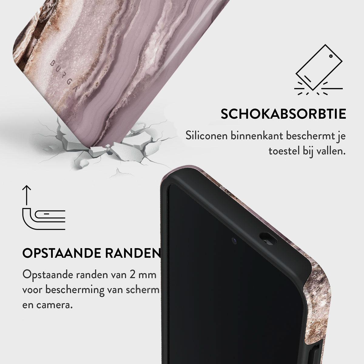 Een telefoonhoesje met marmer design wordt getoond. Tekst benadrukt schokabsorptie en verhoogde randen voor scherm.