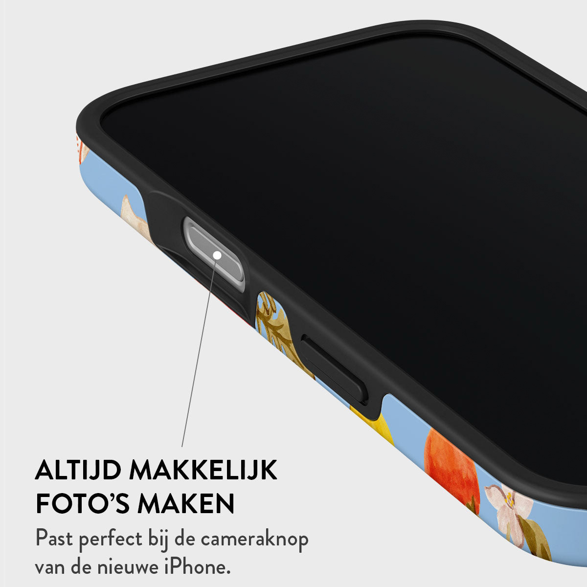 Gros plan d'un smartphone. Le téléphone est dans une coque à motifs floraux. Le texte dit 'Toujours facile de prendre des photos'.
