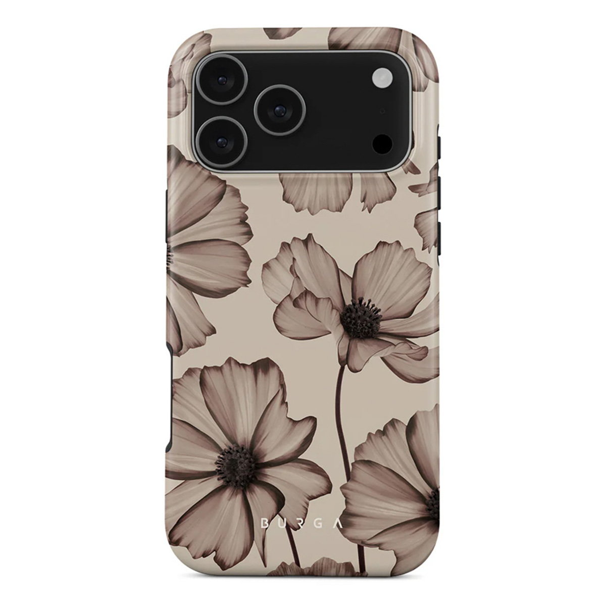 Coque de téléphone avec un motif floral. Le fond est beige, avec des fleurs marron. L'appareil photo est visible.
