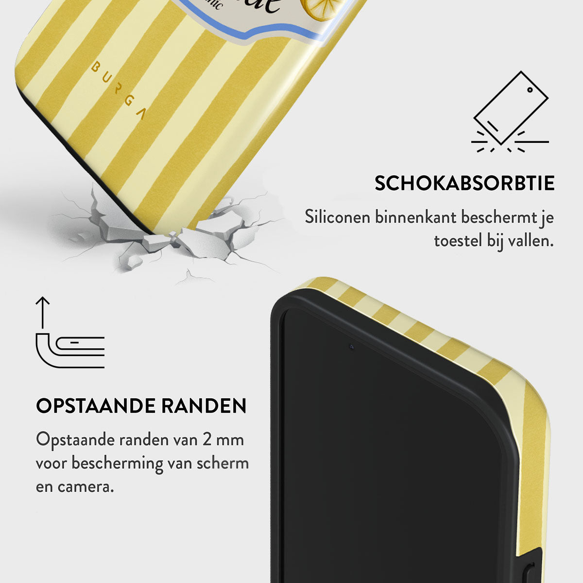 Een telefoonhoesje met gele en witte strepen wordt getoond. De hoes valt en breekt het oppervlak. Kenmerken zijn schokabsorptie en verhoogde randen.