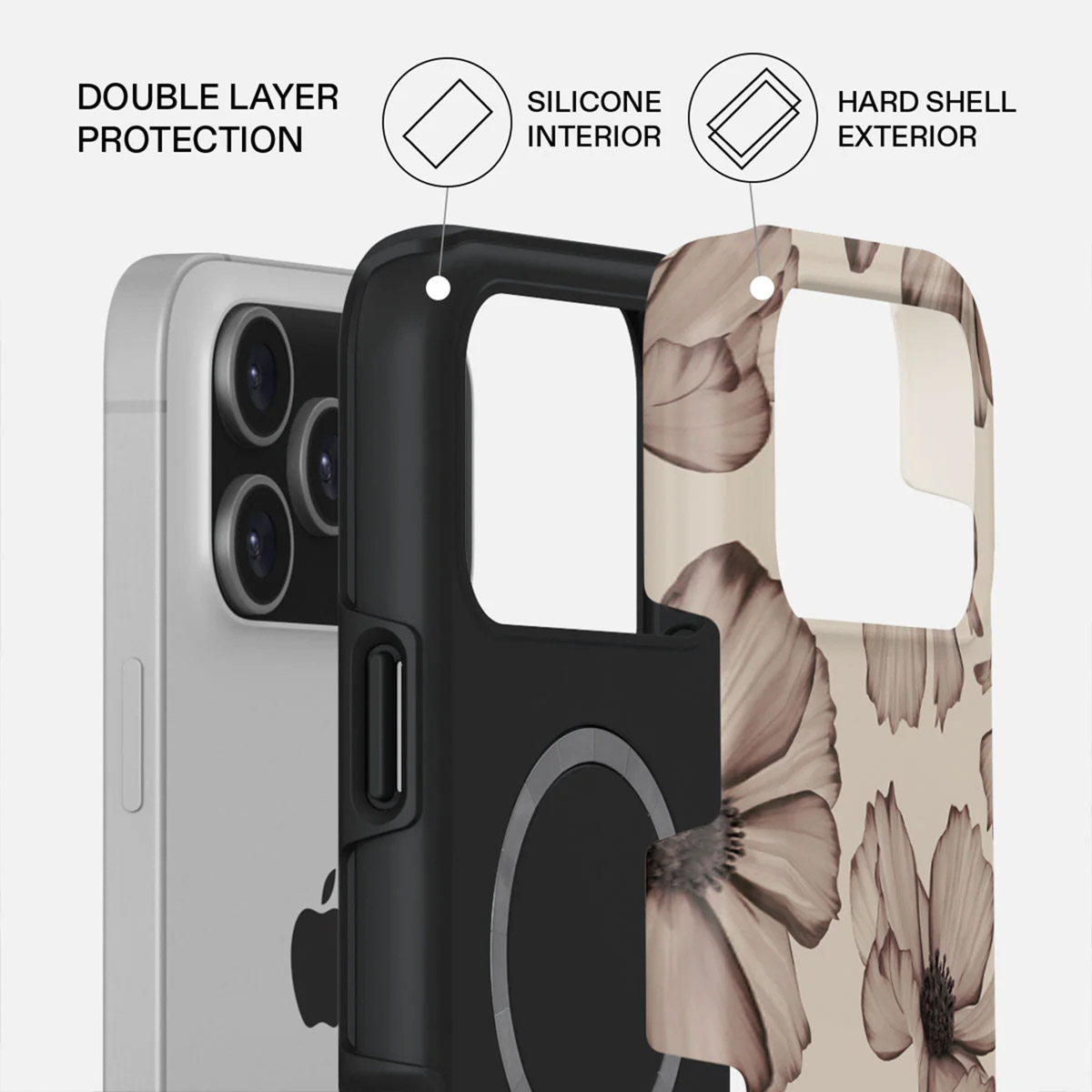 Une coque de téléphone à motif floral. La coque est présentée en couches : protection double couche, intérieur en silicone et extérieur en coque dure.