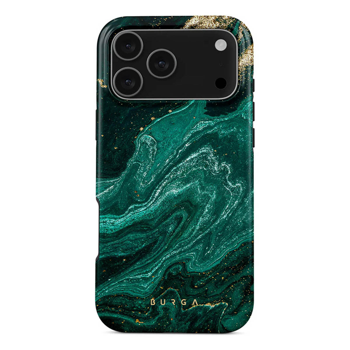 Telefoonhoesje met groen marmer design. Gouden vlekken en het merk 'BURGA' zijn zichtbaar. Drievoudige camera bovenaan.