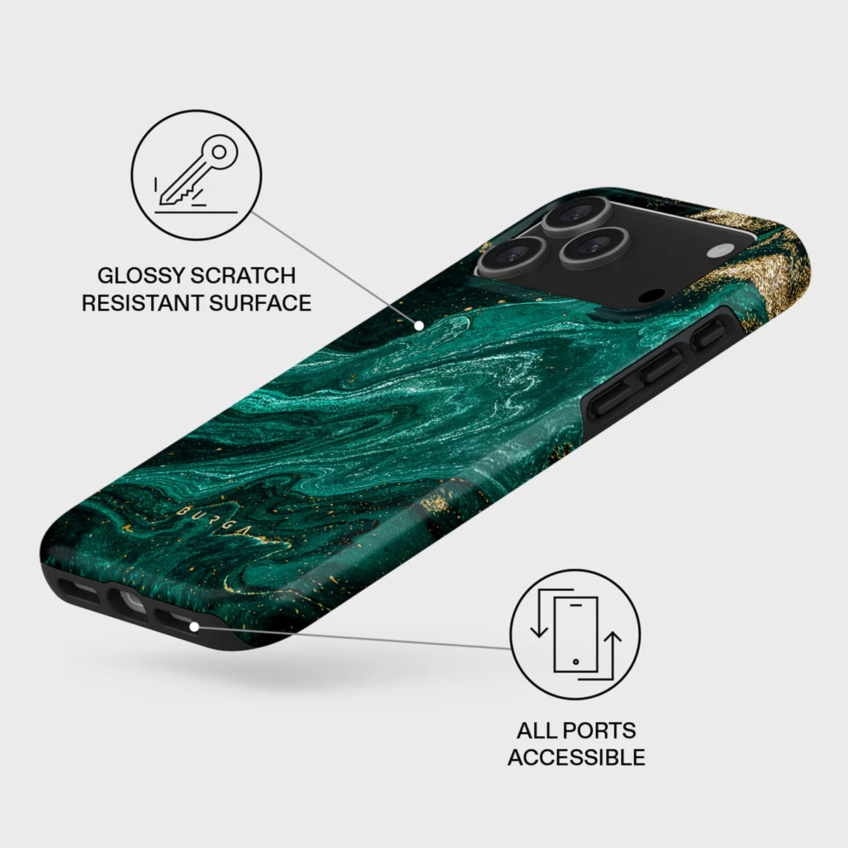 Een telefoonhoesje met een groen marmerontwerp. De hoes heeft een glanzend, krasbestendig oppervlak en toegankelijke poorten. Op een witte achtergrond.