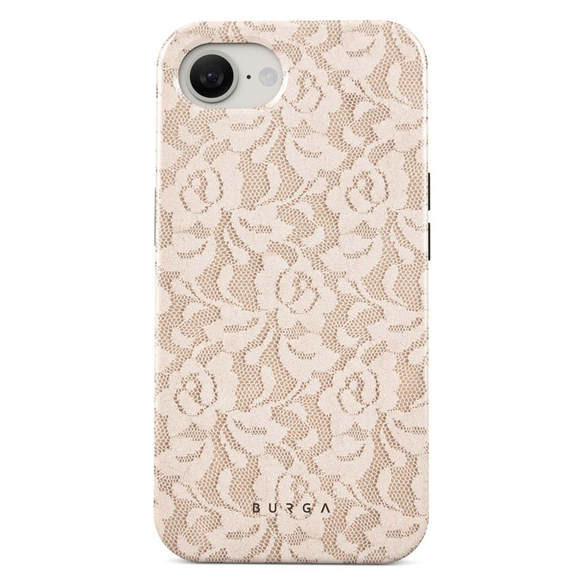 Een telefoonhoesje met een kanten rozenpatroon. De hoes heeft een camera en het merk BURGA staat onderaan.