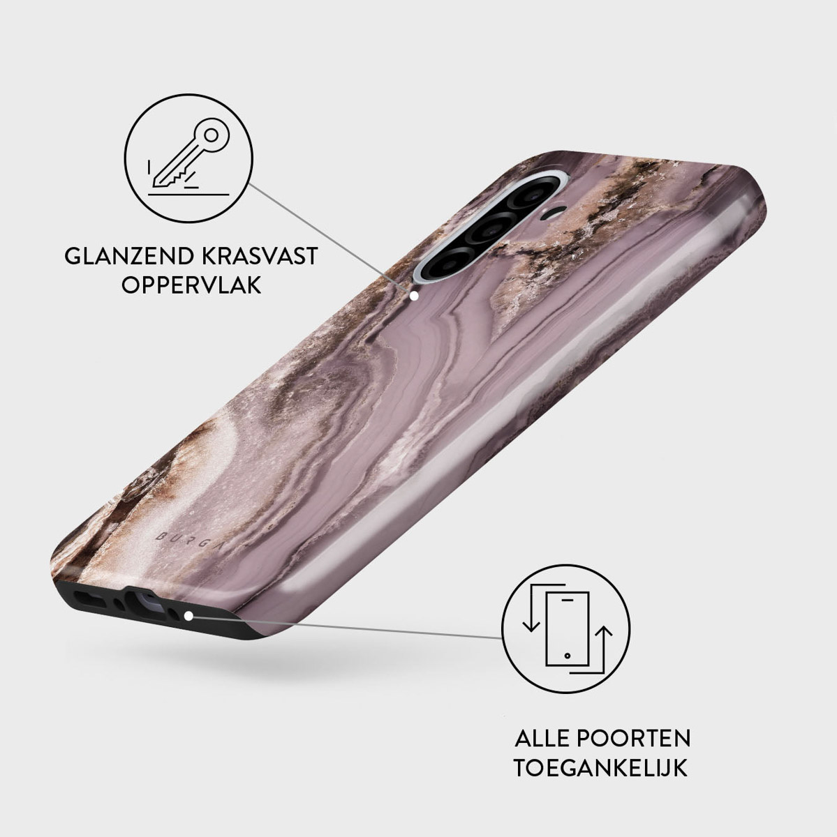 Een telefoonhoesje met een roze en bruin marmerontwerp wordt getoond. Het heeft een glanzend, krasbestendig oppervlak en toegankelijke poorten.