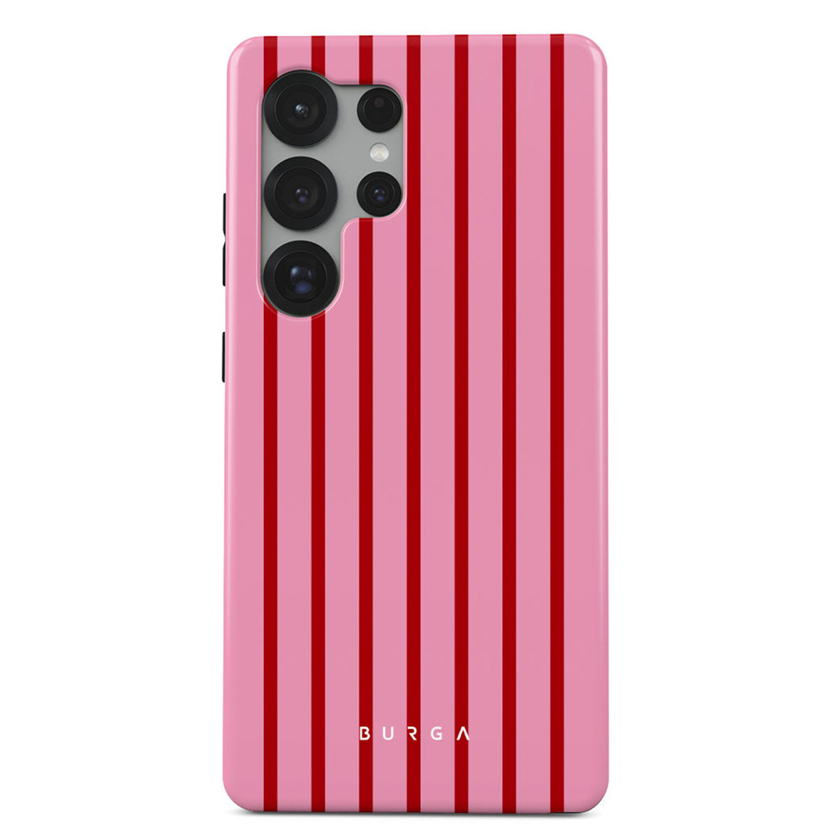 Roze telefoonhoesje met rode verticale strepen. Het heeft een camera en de merknaam BURGA staat onderaan.
