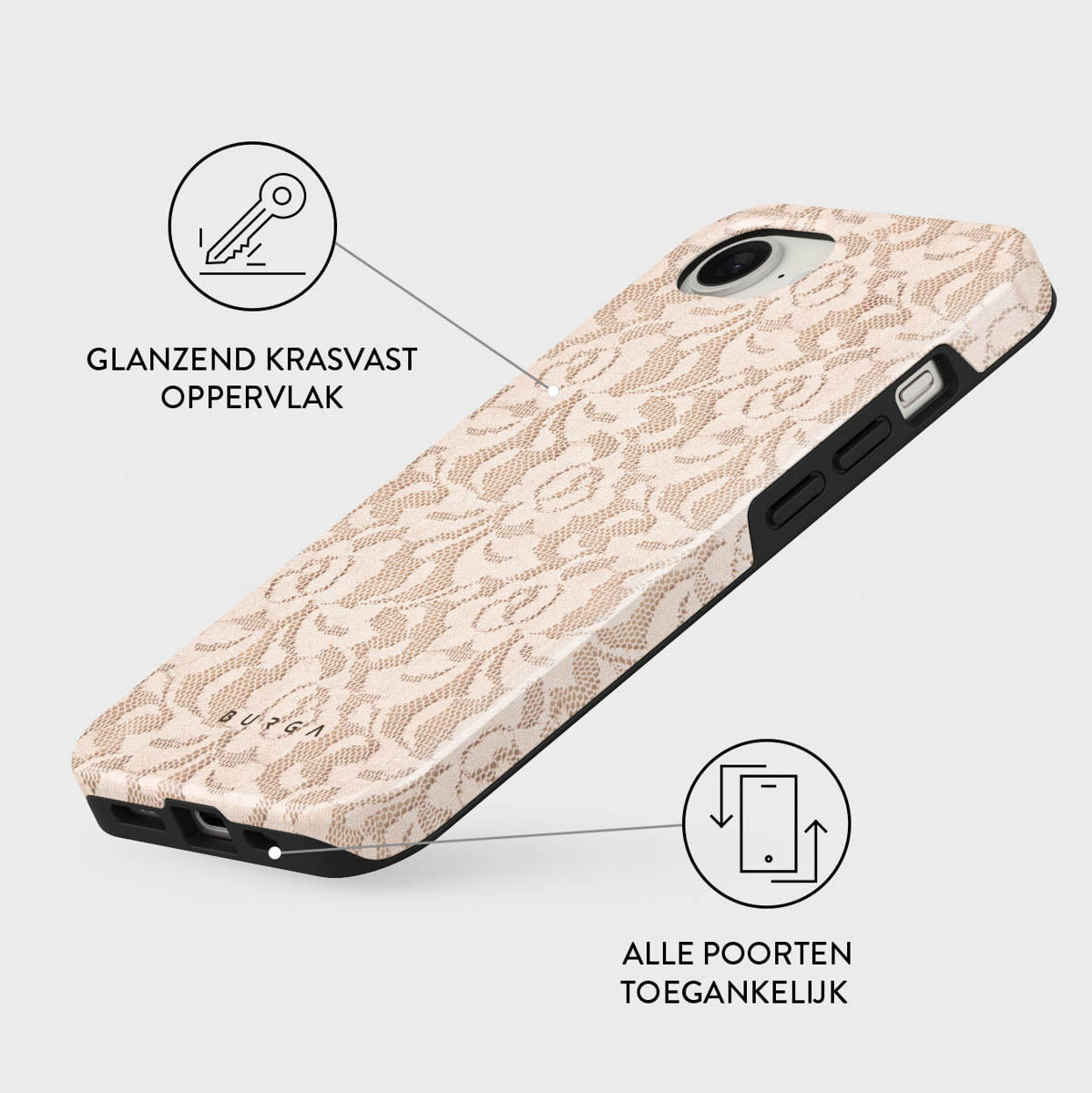 Een telefoonhoesje met een beige kanten patroon. De randen van de hoes zijn zwart. Nederlandse tekst is zichtbaar.