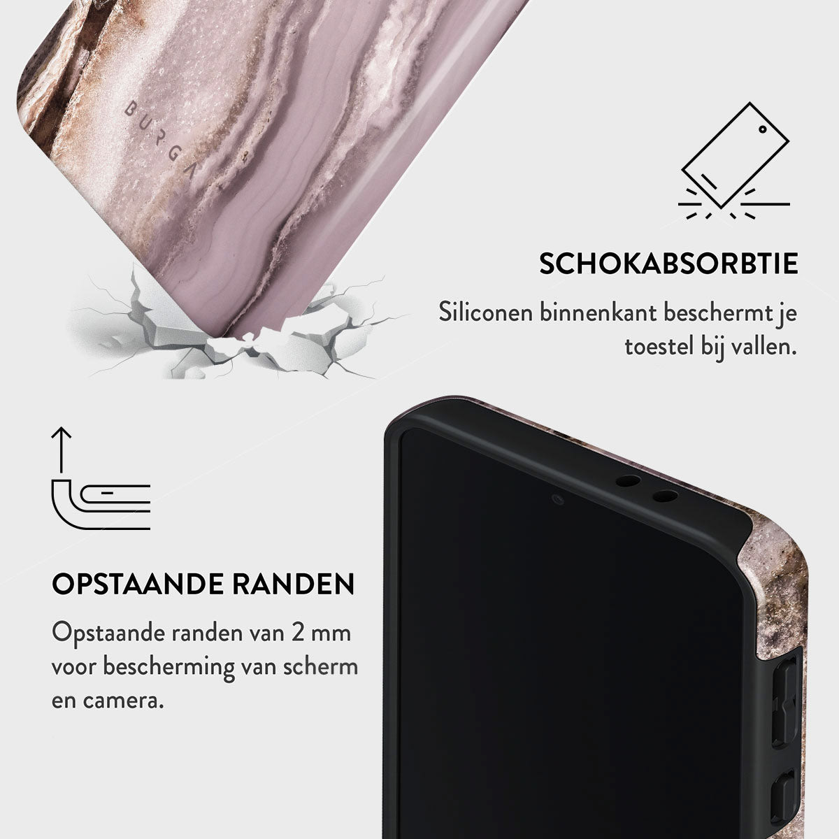 Een telefoonhoesje met een marmeren ontwerp, naast iconen over schokabsorptie en verhoogde randen voor scherm- en camerabescherming.