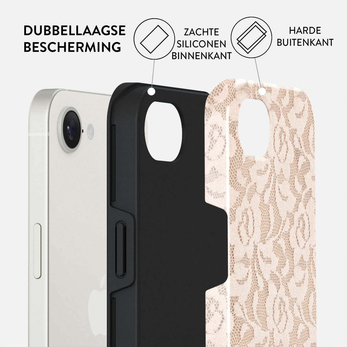 Afbeelding toont een telefoon met beschermhoes. Het is een gelaagde hoes met zachte siliconen binnenin en een harde buitenlaag.