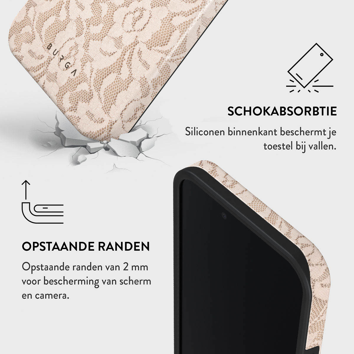 Een telefoonhoesje met een kantpatroon, deels gebroken. Tekst zegt 'schokabsorptie' en 'verhoogde randen'. Telefoon afgebeeld.