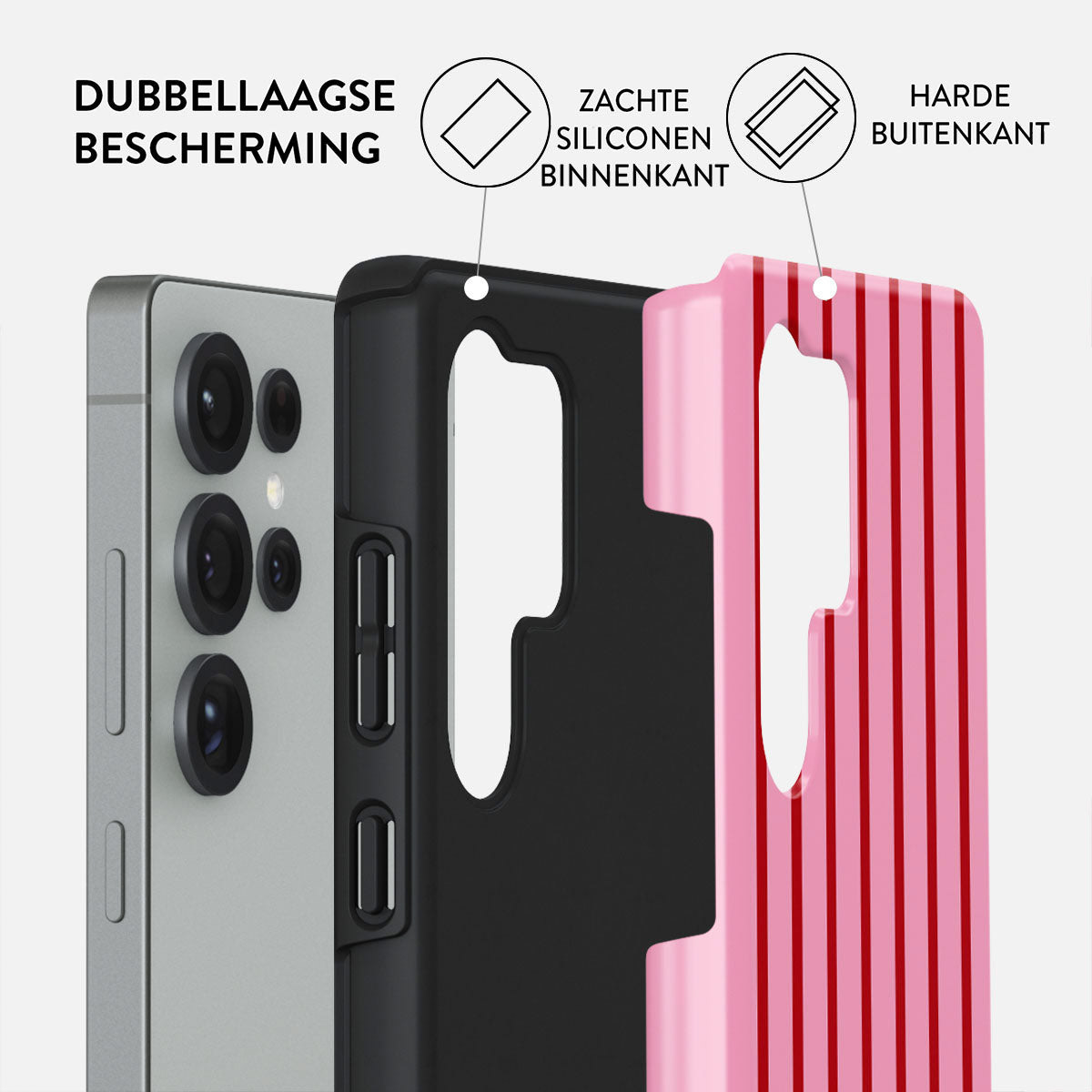 Diagram van een telefoonhoesje. Het toont een telefoon, een zwarte hoes en een roze gestreepte binnenlaag. Tekst in het Nederlands.