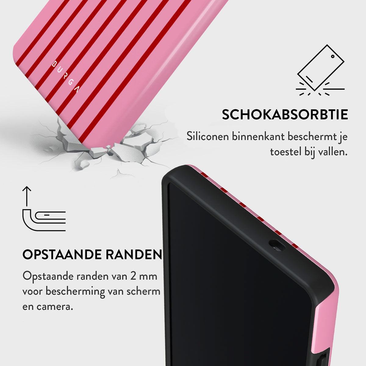 Roze telefoonhoesje met rode strepen. Tekst toont 'SCHOKABSORBTIE' en 'OPSTAANDE RANDEN' met beschrijvingen. Een telefoon staat in de hoek.