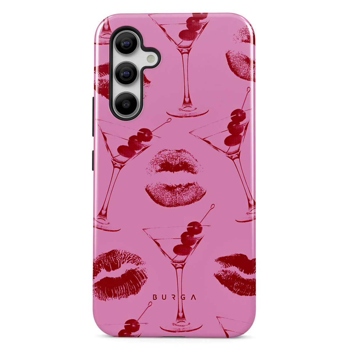 Roze telefoonhoesje met rode martiniglazen, kersen en lippenstiftprints. De merknaam 'BURGA' staat onderaan.