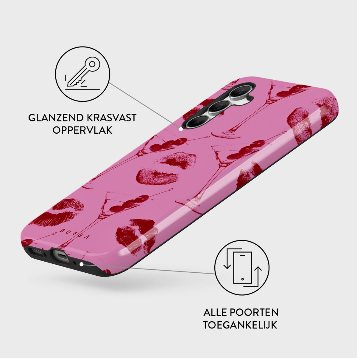 Roze telefoonhoesje met rode lipstickvlekken en martiniglazen. Nederlandse teksten vermelden oppervlak en toegankelijkheid.