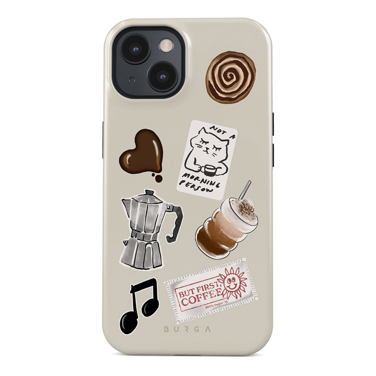 Een telefoonhoesje met stickers met koffiethema: een hart, een kat, een koffiezetapparaat, noten, een kopje koffie en een kaneelrol.