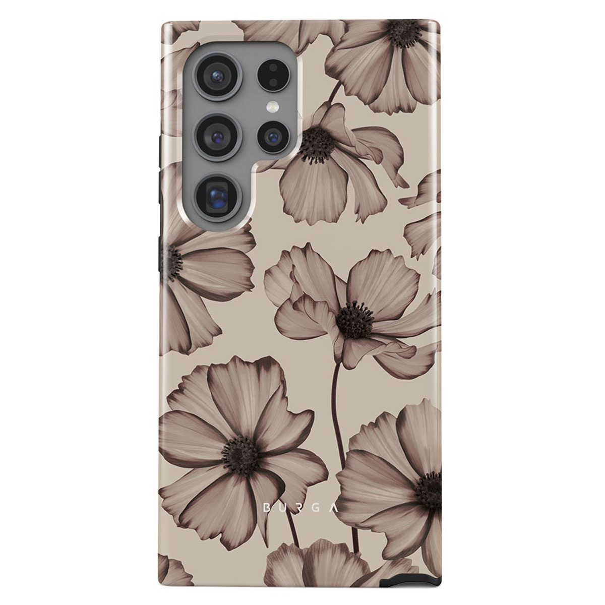 Une coque de téléphone avec un motif floral. Fleurs de cosmos marron sur fond beige. La coque a une bosse de caméra.