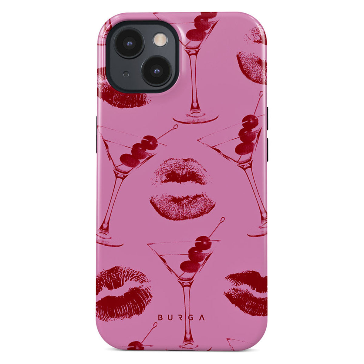 Roze telefoonhoesje met rode martini glazen met kersen en lippenstift afdrukken. Merknaam "BURGA" is zichtbaar.