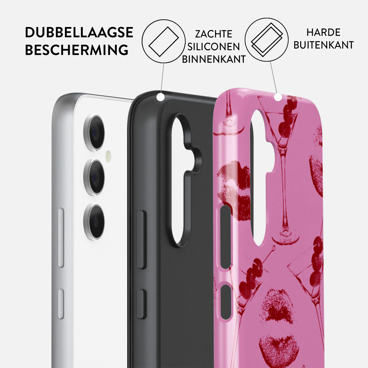 Drie telefoonhoesjes met dubbellaagse bescherming. De roze hoes heeft cocktail- en lippenstiftprints, de zwarte hoes staat in het midden.