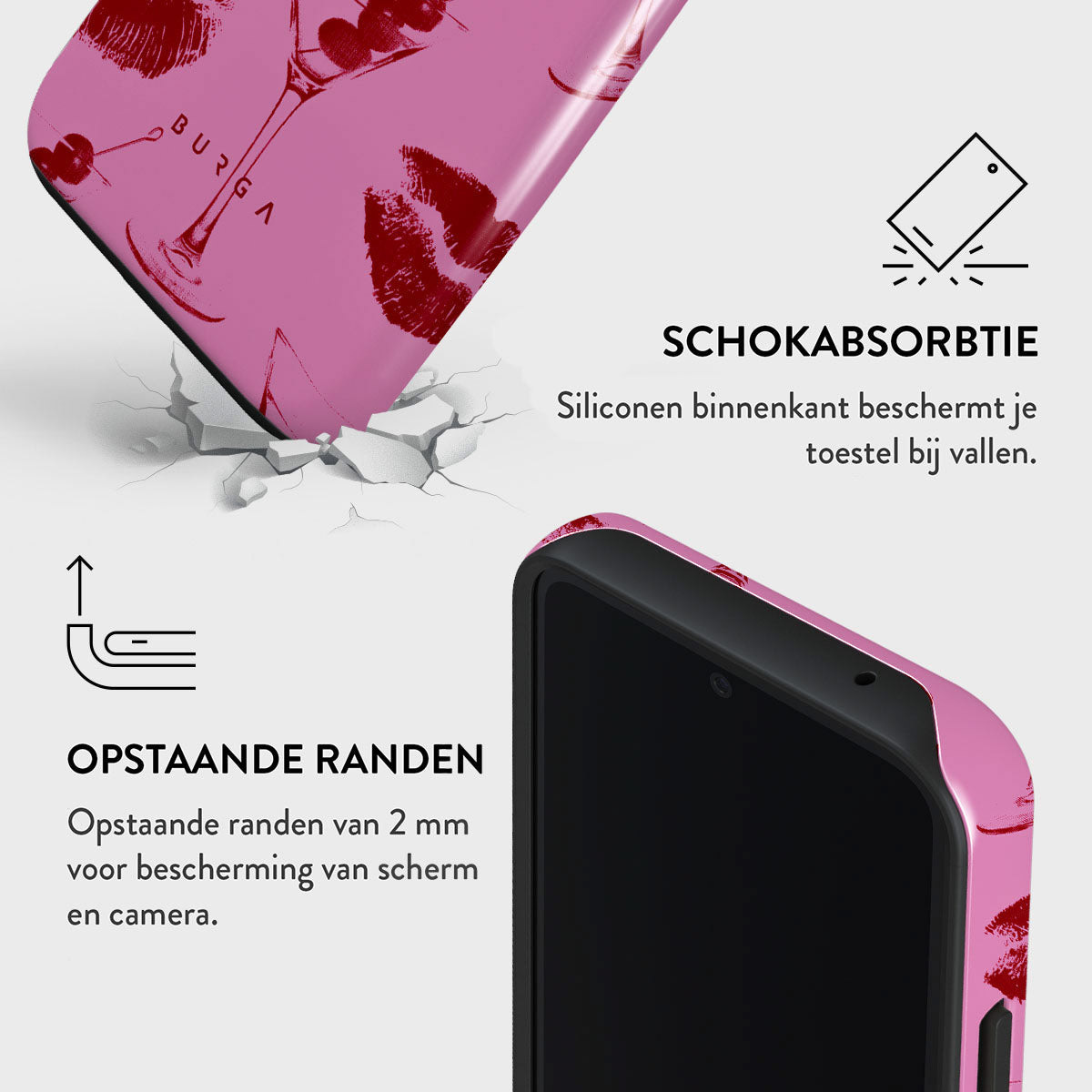 Roze telefoonhoesje met rode lippenstiftvlekken en een cocktailontwerp. Toont beschermende eigenschappen met tekst in het Nederlands.
