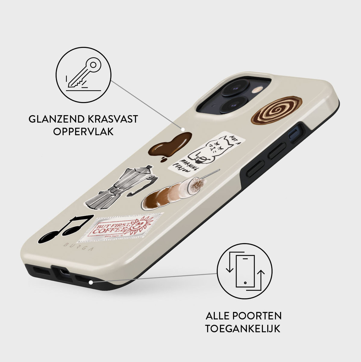 Een telefoonhoesje met stickers met koffiethema. Inclusief een koffiepot, een koffievlek, een kat en een krul. De achtergrond is lichtbeige.